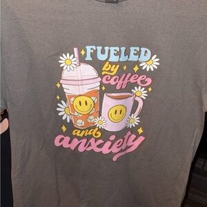Gray Graphic Tee with Coffee and Smiley Design